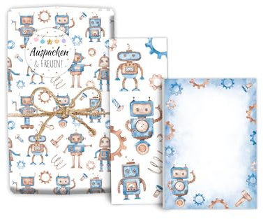 Mitgebsel-Set 6 Geschenkpapierbögen + 6 Lesezeichen + 6 Mini-Notizblöcken + 6 Aufkleber für Mädchen Jungen Gastgeschenke für Kinder Jungsgeburtstag Roboter Motto-Party Giveaways