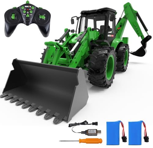 fisca Ferngesteuerter Frontlader RC Backhoe Bagger, 1/14 Scale 2.4Ghz RC Baufahrzeug 9 Kanal voll funktionsfähig Traktor Spielzeug mit Sounds & Lichter für Kinder Alter 8 9 10 11 12 Jahre alt