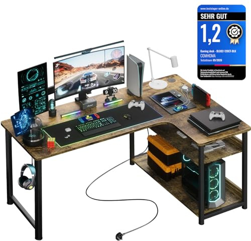 COMHOMA Skrivbord spelbord med hylla, hörnskrivbord med USB-laddningsport och uttag, 120 cm datorbord L form, PC-bord för kontor, hemmakontor