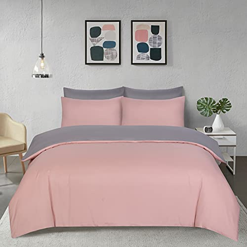 APEX FURNISHINGS Double Duvet Cover Sets - 100% Brushed Microfiber Bedding Quilt Cover with Pillowcases - Pink/Grey