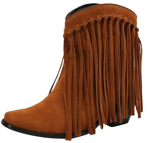 rismart Femmes Cowboy Chevilles Bottines Frangées Large Mollet Petit Bout Carré Western Bootie