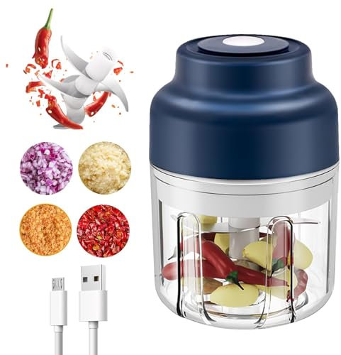 Electric Garlic Chopper, Mini Vegetable Chopper Electric 320ml Wireless USB Charging Food Chopper Garlic Mincer with 6 Blades, Food Processors for Onions Ginger Herbs Fruits Meat Nuts-Blue