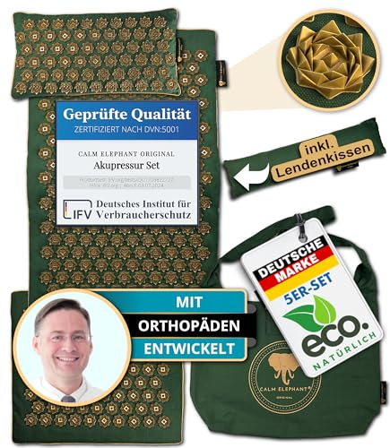 CALM ELEPHANT ORIGINAL® Esterilla de acupresión con cojín XXL, juego de 5 piezas, esterilla de masaje para espalda, aliviar la tensión, esterilla de acupuntura, cojín con función de calor, cojín