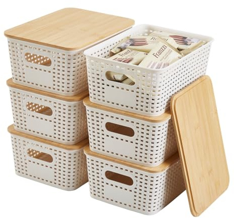 Sagittar Lot de 6 cajas de almacenamiento con tapa de bambú, cesta de almacenamiento de plástico imitación ratán, cajas de almacenamiento apilables, organizador ideal para oficina, armario (Blanco)