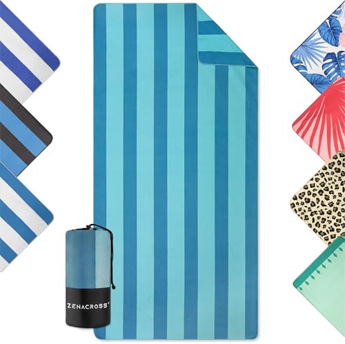 ZENACROSS - Strandhantuch 90x180cm - Mikrofaser Handtuch Groß - Schnelltrocknend - Microfaser Badetuch Sandfrei - Leichtes und Kompaktes Strandtuch - Türkis & Blau