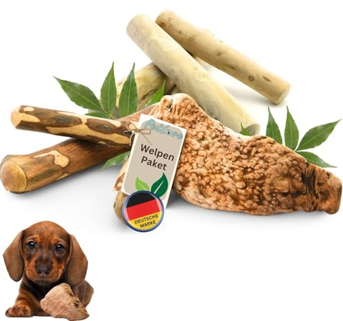 PetLove Set di 3 giocattoli per cuccioli da masticare per cani: legno di caffè, legno d'ulivo e radice da masticare – Accessori per cuccioli per cani di piccola taglia, occupazione, cane, robusto