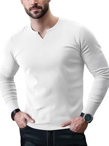Yewloch Kortärmad och långärmad tröja med V-ringning, sport casual t-shirt, slim fit bastoppar, stretch muskelskjortor, affärsundertröjor, Vit, XL