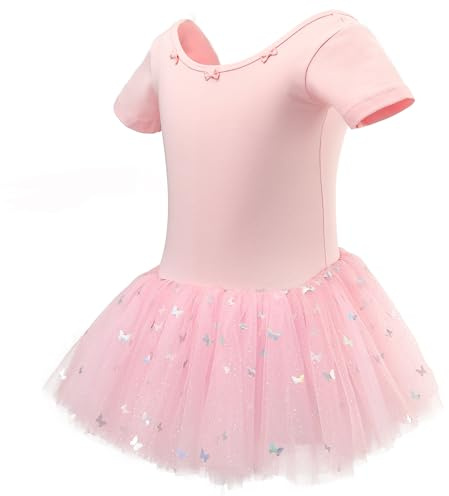 ANTLOOWW Robe de Ballet Danse pour Fille,Paillettes Coton Tenue de Ballet,Justaucorps de Danse Manches Courtes de Ballerine avec Jupe Tutu 2-11 Ans (FR/ES, Numérique, 120, Taille Normale, Rose)