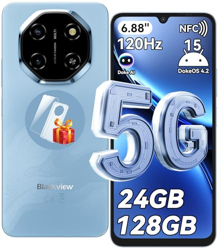 Blackview SHARK 6 Smart Phone, 5G Sim-Free & Unlocked Mobile Phones, 6.88 120Hz Display, 24GB+128GB/2TB, Android 15 Phone 16MP+8MP AI Camera, 5000mAh/18W, Fingerprint/Eye Comfort Mode, GPS/OTG/NFC
