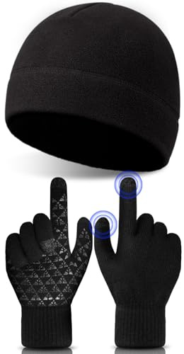 JenPen Winter Fleece Hat and Gloves for Men Women, Touchscreen, Black