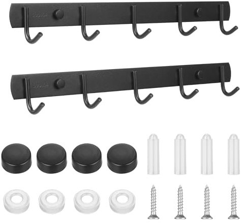 SZYILIDA 2 Pcs Support ustensiles cuisines, porte ustensiles de cuisine muraux avec 5 crochets, barre cuisine ustensile en noir pour tasses, mugs, casseroles et poêles, salle de bain ou chambre