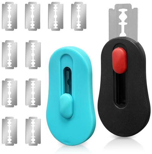 Euablfo 2 cuchillos de panadero + 10 cuchillas individuales, cuchillo reutilizable para masa, cuchillo para cortar pan, accesorios para hornear pan y bollos, 7x4 cm (negro+azul)