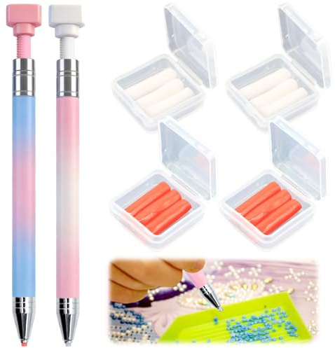 2 Pcs Diamond Painting Pens with Wax, Refillable Wax Pen, Rotating Glue Point Drill Pen for Nail Art Rhinestones, Diamond Art Accessories and Tools, Quickly Pick Up Beads Gems(Gradient Color)
