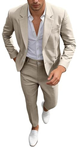 Traje Hombre Conjunto de Traje para Hombre Esmoquin Casual 2 Piezas Ajuste Regular Chaqueta de Lino y Pantalones graduación Boda Cena