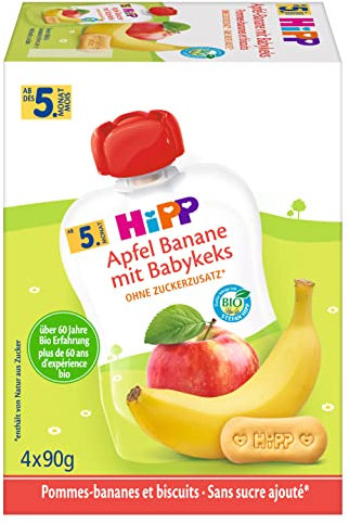 HiPP Bio Quetschie Apfel-Banane mit Babykeks,16 Stück (4er Pack mit je 4 x 90g), für Babys ab 5. Monat, ohne Zuckerzusatz, in bester Bio-Qualität