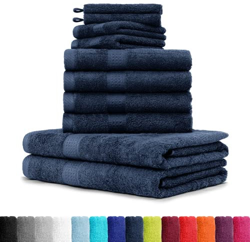 BaSaTex - 10er Pack Handtuch Komplett-Set - Frottee-Handtücher mit Aufhängeschlaufe 4X Handtuch, 2X Duschtuch, 2X Gästetuch, 2X Waschhandschuh Öko-Tex Made in Green Zertifiziert - Navy