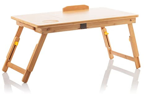 InnovaGoods - Table Pliante d'Appoint en Bambou Lapwood, avec Tiroir et Repose-Verre, Hauteur Réglable 21-27cm, Idéale pour Barbecue Charbon et Travail à Domicile, Beige, 53,5 x 21-27 x 34 cm, Bois