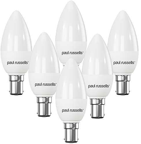 paul russells LED Light Small Bayonet Cap B15, 60watt Equivalent, 6.5W 806LM LED Bulbs, 2700K Bright Warm White, Frosted C35 SBC Candle Energy Saving Non-Dimmable Chandelier Lightbulbs, 6 Pack