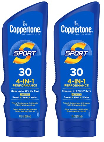 Coppertone Sport Sunscreen Lotion SPF 30, Sweat, Heat and Water Resistant Sunblock, Lightweight, Oxybenzone Free, Sunscreen Twin Pack, 7 Fl Oz Bottle, Pack of 2