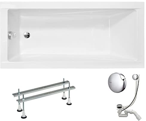 VBChome Acryl Badewanne 160x70 cm Weiß Rechteck Wanne Siphon Wannenfüße Design Modern Ablaufgarnitur in Chrom