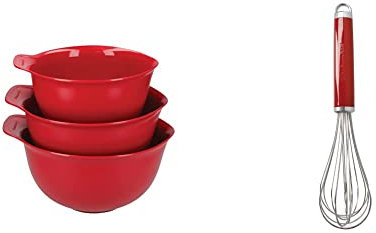 KitchenAid Mixing Bowl Set of 3, Plastic, Dishwasher Safe, Empire Red & Stainless Steel Whisk – Empire Red