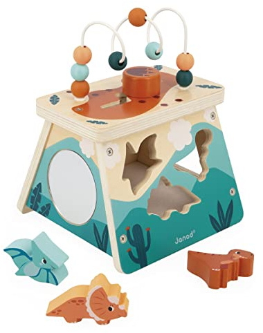 Janod Dino - Dinosaur Shape Sorter Wood Multi-Activity Volcano - 5 Activities in One - Ages 12 Months- 3 Years - J05827