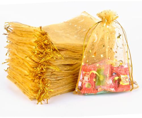 CLTPY 100 Stück Organzasäckchen 17x23cm Golden Organzabeutel mit Stern und Mond Geschenksäckchen, Organza Säckchen zum Befüllen, Kordelzug Schmuckbeutel, Weihnachtstüte Hochzeiten Parteien