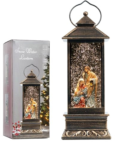 12 Christmas Snow Globe Lantern with Nativity - Water Swirling Glitter LED Light Lantern with Music - Vintage Xmas Gifts - USB Plug or Battery Operated Home Decor (Religious)