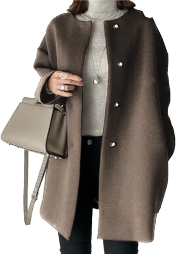 Qolkmuiy-GJ Women's Collarless Single Breasted Coat Round Neck Midi Long Woolen Outwear Warm Solid Color Wool Simple Overcoat (Khaki,S)