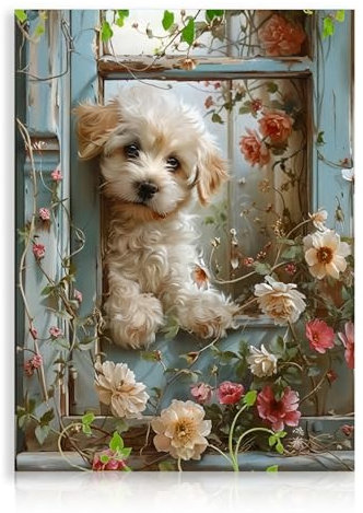 Dazzlewall Flower Garden Dog Wall Art Poster, Cute Dog Wall Art Picture for Bathroom Kitchen Bedroom Decor 12x16 in Unframed, Pet Lover Gift