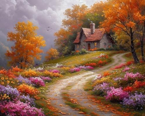 kit de Peinture à l'huile sur Toile par numéro,L'automne sur une route de campagne,Peinture par Numéro Adulte,Enfants,DIY kit creatif adulte,40x50cm sans cadre