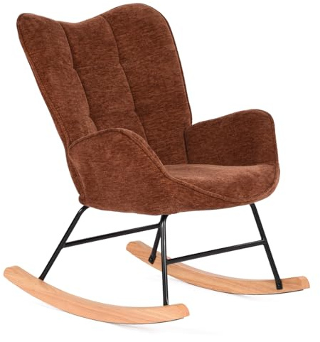 MEUBLE COSY Sillas Mecedora Sillón de Relax Escandinavo Lactancia Butaca para Salón Dormitorio Balcón Sala de Estudio, Tela, Madera Haya, Metal, Rojo, 62x75x87cm