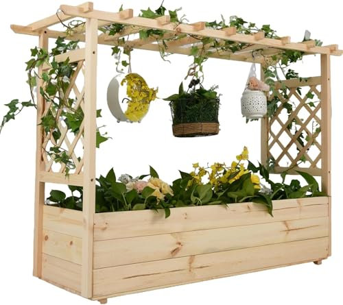 HOMASIS Blumenkasten mit 2 Rankgitter & Dachregal, Hochbeet mit Spalier, Holz Pflanzkasten für Kletterpflanz Blumen, Pflanzkübel Pflanzgefäß Rankhilfe für Garten Balkon Terrasse (150x50x104cm, Natur)