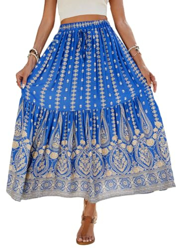 EMOTTOS Maxi Gonna Estiva da Donna, Stile Bohémien, in Vita Alta, Elasticizzata, Orlo Plissettato, Gonna Lunga, Stile Bohémien, Vintage, Stampa su Cordoncino, Maxi Lungo, Elegante Volant, Blu, S