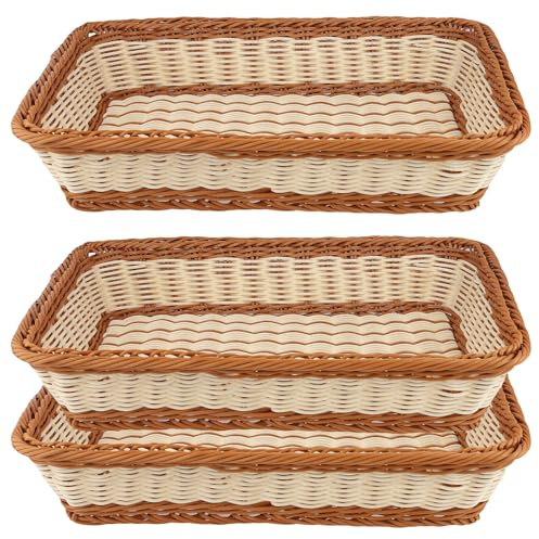 KEILEOHO 3 Cestas de Pan Rectangulares 40x30x8 cm - Cestas de Plástico Tejido Apilables para Servir Pan, Frutas, Verduras - Uso en Casa y Restaurante