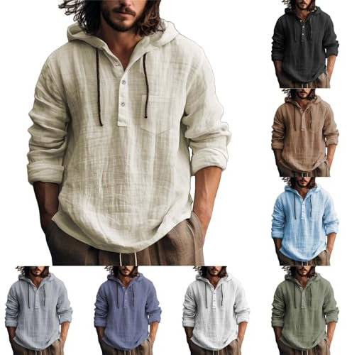 Men's Short Sleeve Linen Shirt with Hood Summer Plain Casual Shirt Loose Button-Up Summer Shirt Light Airy Men's Shirt Cotton Linen Short Sleeve Shirt Comfortable Soft Hooded Shirt Beach Shirt, White