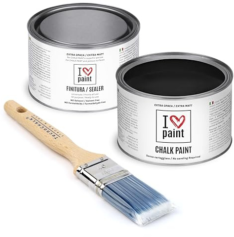I Love Chalk Paint – Kit Completo Vernice, Finitura e Pennello - Pittura Senza Carteggiare – Colore Nero (375ml Chalk Paint + 375ml Finitura + Pennello 40mm)