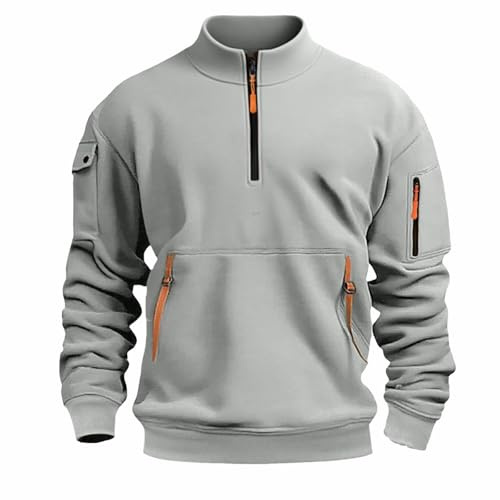 Work Jumpers For Men Tactical Quarter-Zip Stand Collar Sweatshirt Tracksuit Tops Combat Oversized Casual Workout Gym Sportwear Autumn Winter Streetwear (Grey, L)