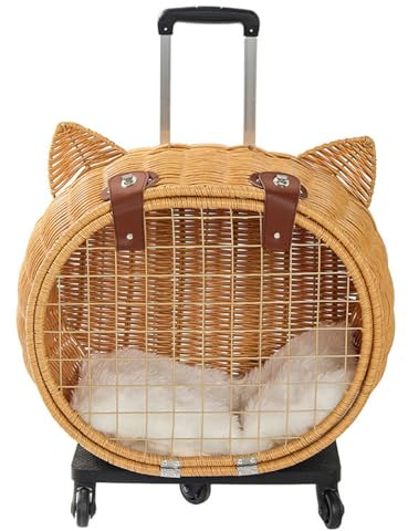 Passeggino per gatti in rattan retrò, trolley da esterno per animali domestici con ruote e maniglia telescopica per gatti di grandi dimensioni fino a 25 libbre, trasportino per gatti con ruote