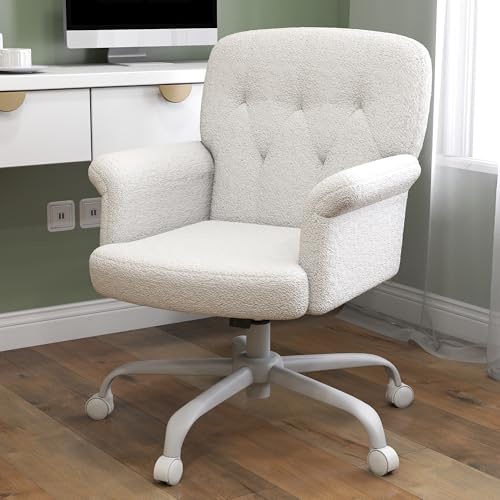 Keratee Silla de Escritorio Hogar, Tela de Terciopelo Suave con Ruedas y Reposabrazos, Silla Giratoria Ajustable para Salón, Dormitorio, Maquillaje y Salón de Belleza, Blanco