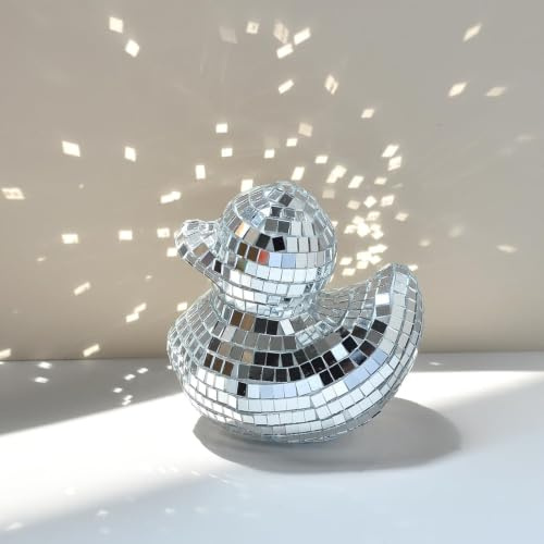Bubaxuce Pato Disco Plateado, Figura Espejo Decoración de Fiesta, Decoraciones de Bola de Discoteca para Fiestas Disco, Cumpleaños y Decoración de Pasteles Elegante