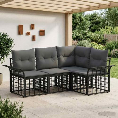 LoogCape trädgårdsmöbler, set om 4 delar av polyrattan och metall för terrass, balkong och trädgård, väderbeständig loungesoffa med modulär arrangemang och justerbara fotkuddar för avslappnade timmar