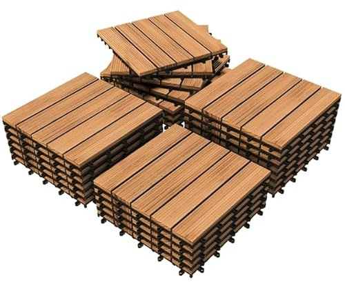 Topeakmart 27PCS Interlocking Wood Floors Patio Decking Tiles Hardwood Deck Tiles Outdoor Flooring for Garden 12 x 12in Natural Wood