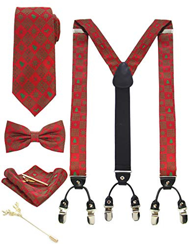 JEMYGINS Tirantes de Navidad para Hombre en 3.5cm Forma Y Ajustables Anchos con 6 Clips Fuertes y Set de Corbata Pajarita Pañuelo de Bolsillo en Caja de Regalo Rojo árbol