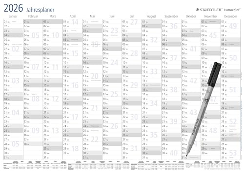 STAEDTLER Lumocolor 641 YPA3X - 2026 Agenda annuale da parete cancellabile a secco, formato DIN A3, con penna e morsetto autoadesivo per penna, edizione speciale, 641 YPA3X