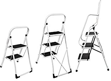 Escabeau en acier haute performance - 3 marches antidérapantes - Pliable - Sécurité domestique - 150 kg - Avec tapis antidérapant - Pour la maison, le bureau, la cuisine