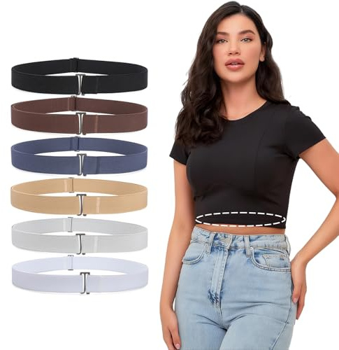 XZQTIVE No Show Invisible Elastic Belt for Women & Men, Adjuatable Stretch Belt with Flat Buckle for Jeans Pants Dreses, 6 Pack