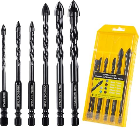 HPMAISON Steinbohrer Set, 6 tlg. Fliesenbohrer Glasbohrer mit 4 Schneiden Hartmetallspitze für Beton, Keramik Fliesen, Ziegelmauer, Wandspiegel, Glas, Kunststoff, Holz und Mauerwerk, Ø 5-12mm