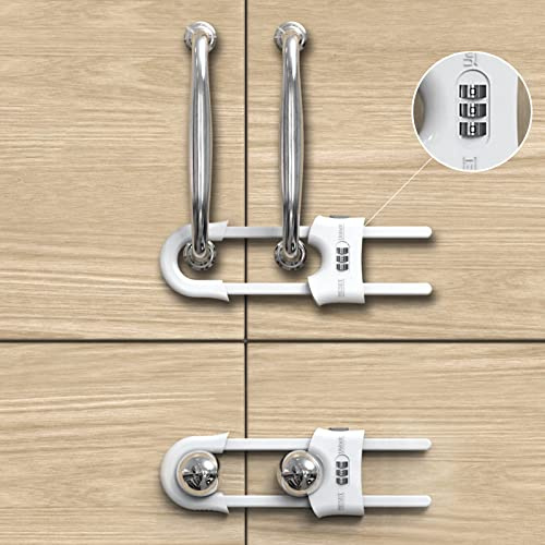 Jola's House 4 Pack Child Proof Sliding Cabinet Door Code Locks Baby Safety Cupboard Locks Adjustable U Shaped Cabinet Latches for Knob Handle Drawers Closet (4 PCS, White)