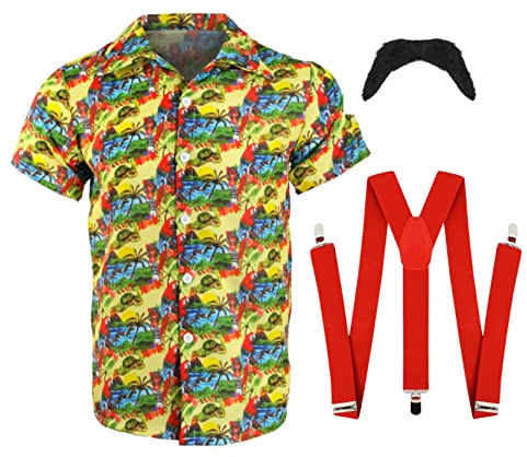 Gul komedi bröder kostym för vuxna – gul skjorta med Hawaiianskt tryck, svart mustasch och röda hängslen – perfekt för par/duo uppklädning, roliga maskeradfester och andra maskeradevenemang